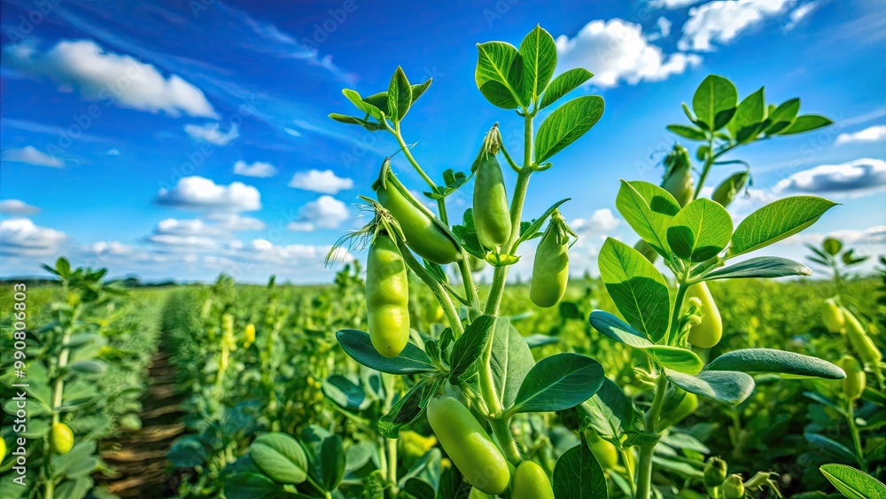 Lush green chickpea plants thrive in a sunlit field, basking under a bright blue sky on a warm day, showcasing nature's beauty and abundance. Lush green chickpea plants thrive in a sunlit field, basking under a bright blue sky on a warm day, showcasing nature's beauty and abundance.
