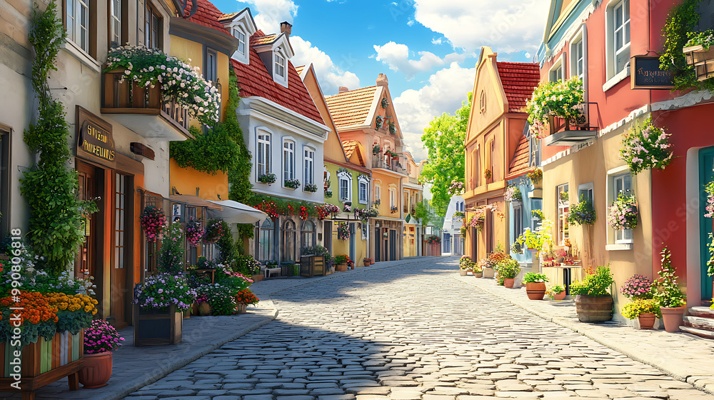 Obraz premium background with a historic cobblestone road, featuring quaint buildings, flower boxes, and a charming town square