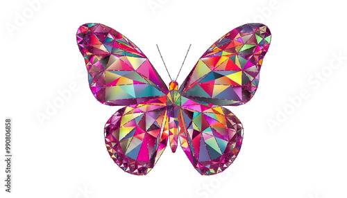 Abstract digital vivid butterfly isolated on white background. Vector illustration in polygons, lines and dots. Colorful low poly wireframe. High resolution