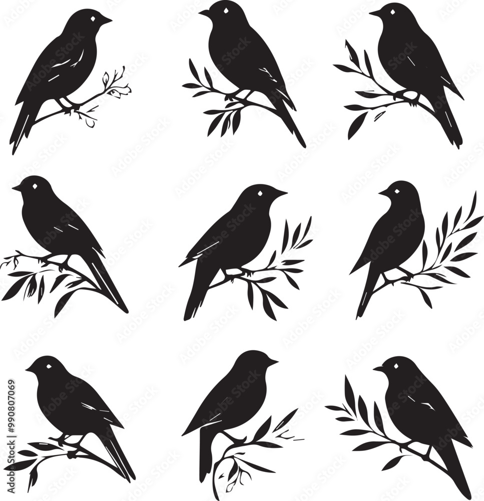 Fototapeta premium Black Bird Silhouettes on Branches: Vector Illustration of Songbirds Perched on Twigs, Minimalist Graphic Design for Nature Themes
