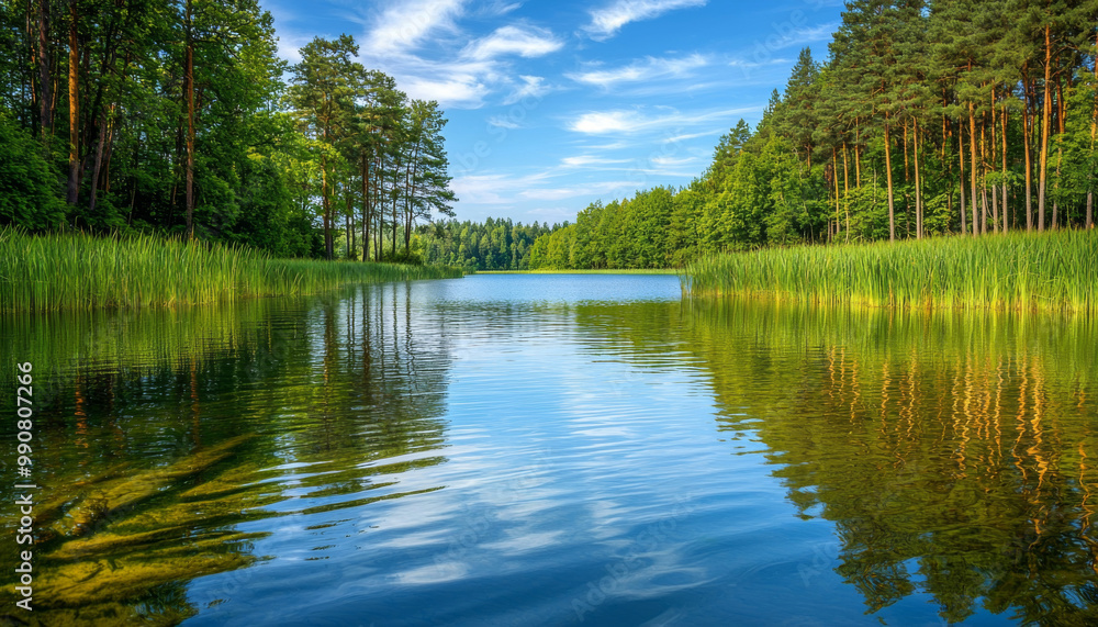 A serene lake surrounded by lush greenery and tall trees under a bright blue sky, reflecting nature's tranquility.