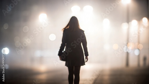 Silhouette of a young woman walking home alone at night narrow street, scared of stalker and being assault , insecurity concept photo