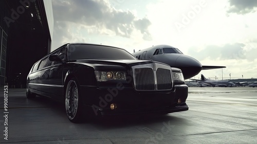 Black limousine parked at an airport, private jet in the background.