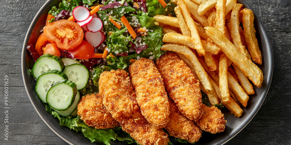 Fototapeta premium a plate of crispy, golden chicken tenders and seasoned fries. AI generative.