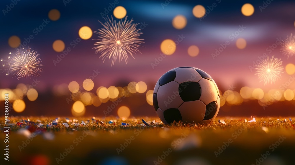 Fototapeta premium A soccer ball is on a field with fireworks in the background