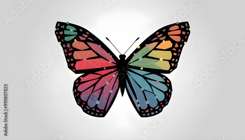 Abstract digital vivid butterfly isolated on white background. Vector illustration in polygons, lines and dots. Colorful low poly wireframe. High resolution