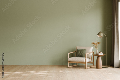 Minimalist living room with beige and green decor. 3d render.