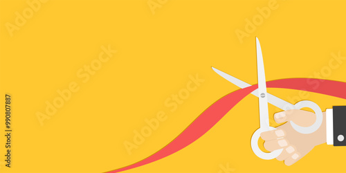 Businessman hand holding scissors and cuts red ribbon. Grand opening ceremony. Inauguration. New store business launch. Startup. Banner template. Flat design style. Yellow background. Isolated. Vector