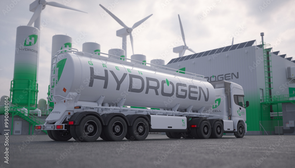 Tanker truck at green hydrogen plant. Realistic 3D render. Tanker truck at green hydrogen plant. Realistic 3D render.