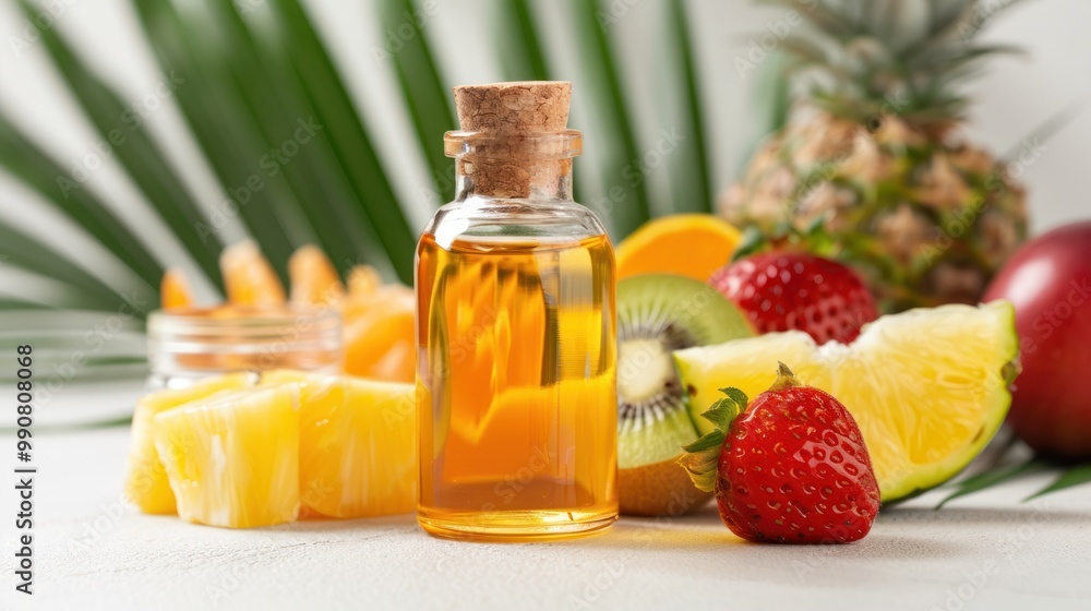 Closeup of tropical fruit extracts on a counter. Closeup of tropical fruit extracts on a counter.