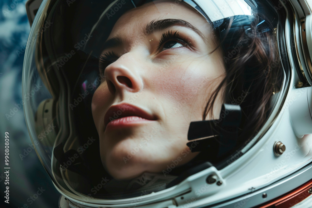 Astronaut woman with helmet looking up Astronaut woman with helmet looking up