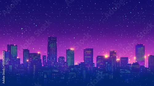 Night cityscape with glowing stars and skyscrapers.
