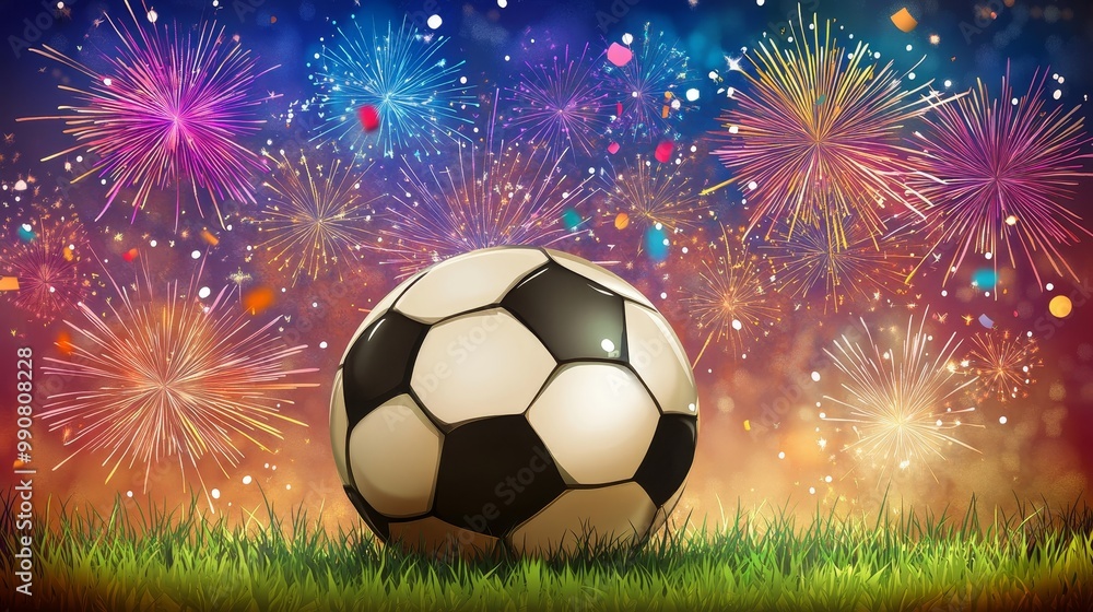 Fototapeta premium A soccer ball is on a field with fireworks in the background