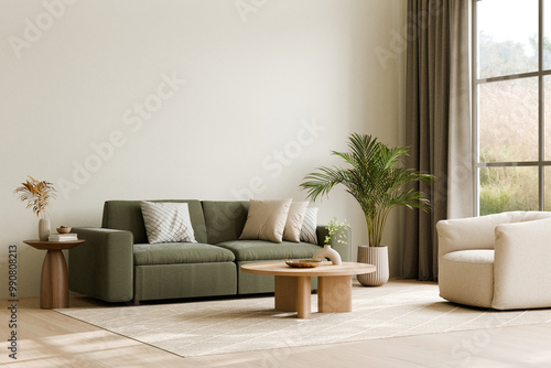 Modern living room with green couch and cozy decor. 3d render.