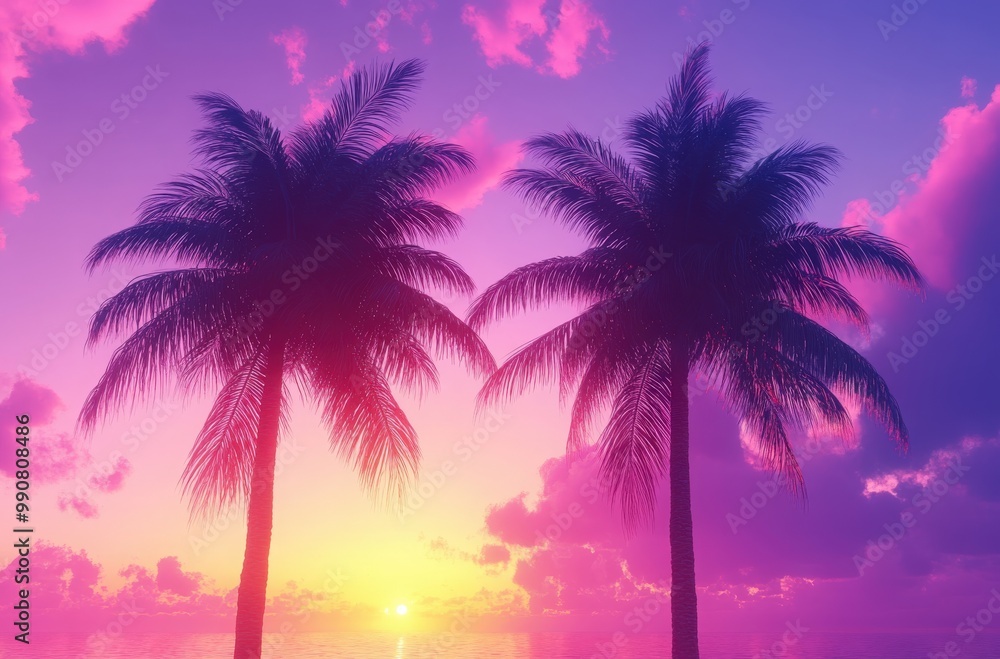Vibrant sunset overlooking two palm trees by the calm ocean horizon Vibrant sunset overlooking two palm trees by the calm ocean horizon
