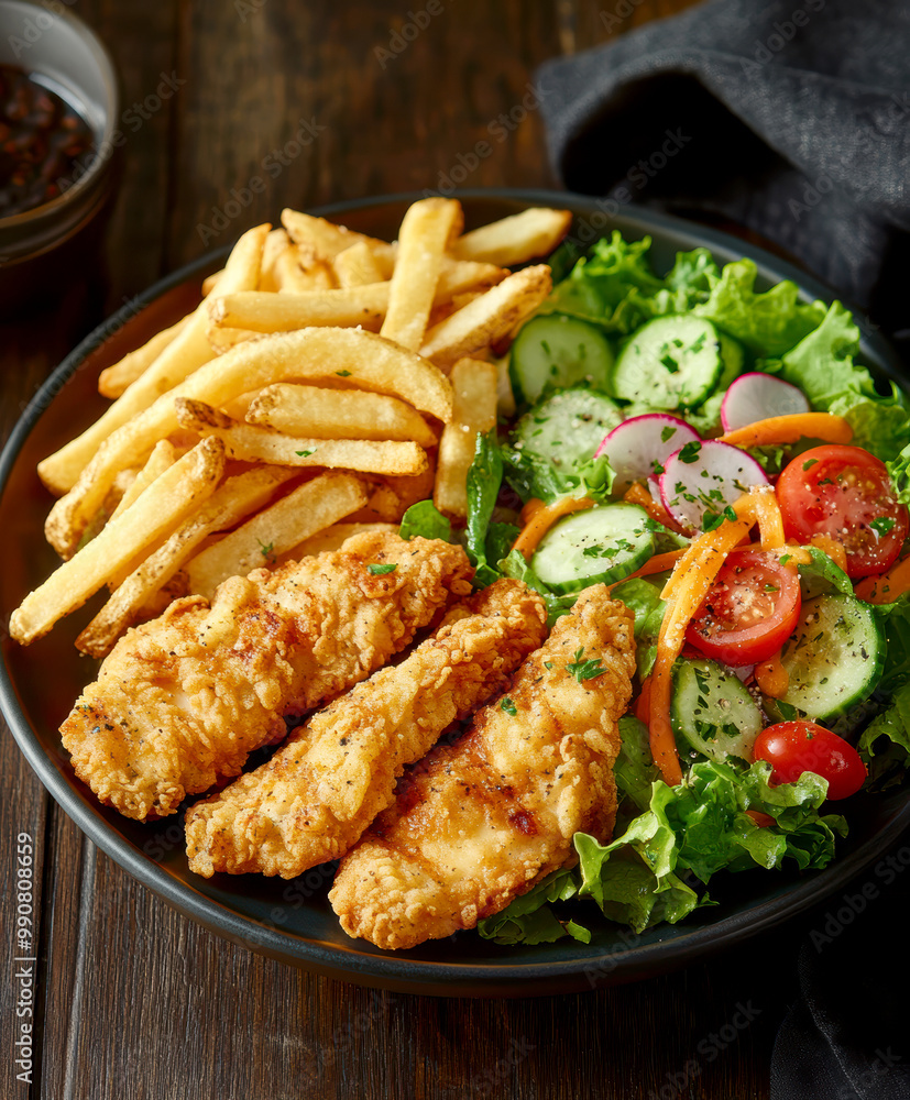 a plate of crispy, golden chicken tenders and seasoned fries. AI generative. a plate of crispy, golden chicken tenders and seasoned fries. AI generative.