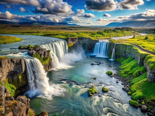 Majestic Selfoss Waterfall in Iceland Surrounded by Lush Greenery and Stunning Natural Landscapes