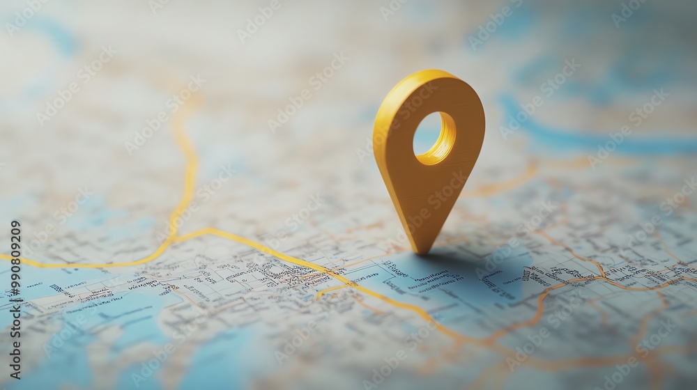 A yellow map pin sits on a detailed map. A yellow map pin sits on a detailed map.