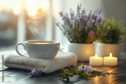 Steaming tea cup in a spa atmosphere with candles and flowers