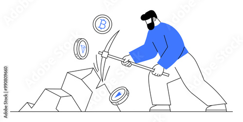 Man with pickaxe mining Ethereum coins next to rocks. Ideal for cryptocurrency, blockchain, digital finance, investment, and mining technology. Simplified style.