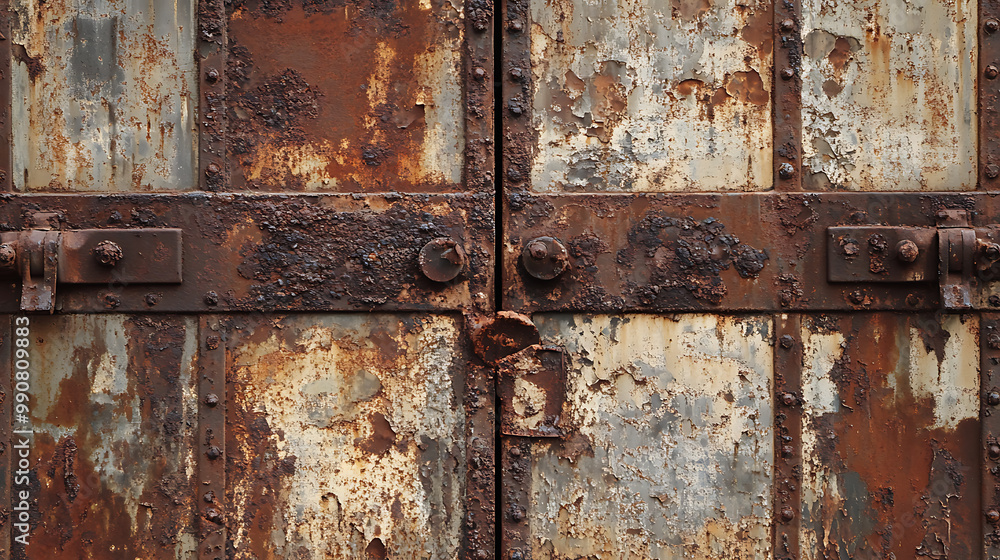 Heavily rusted steel door with visible layers of corrosion and rough texture Heavily rusted steel door with visible layers of corrosion and rough texture