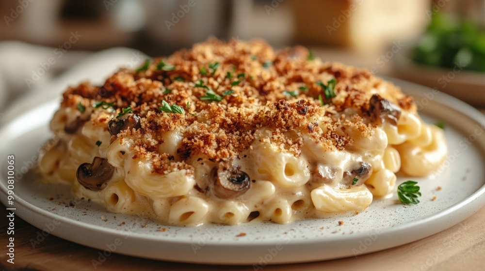 Delicious creamy chicken and mushroom macaroni bake served elegantly for dinner Delicious creamy chicken and mushroom macaroni bake served elegantly for dinner