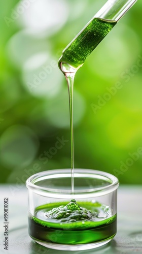 Algae extract being poured into a small container.