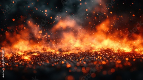 intense closeup of blazing fire embers and sparks against a pitchblack background with swirling smoke creating an ethereal otherworldly atmosphere