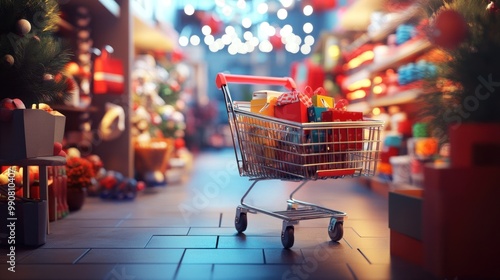 Festive shopping cart with holiday products around aisle. photo