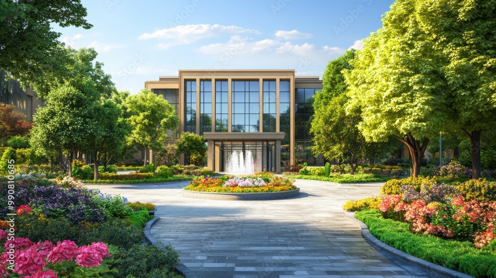 Obraz premium A beautiful garden bursts with vibrant flowers in bloom, surrounded by lush bushes. Colorful butterflies flit about, creating a serene atmosphere that complements the nearby office area.