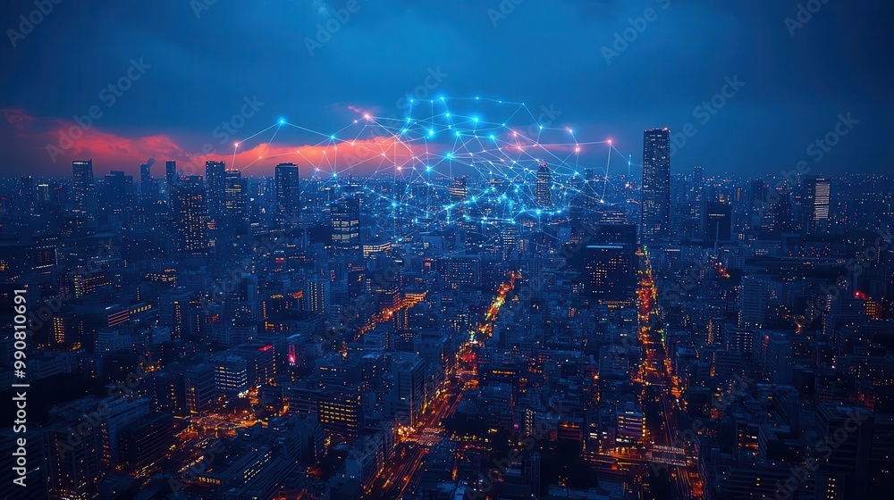 interconnected european cityscape glowing network lines overlaying urban panorama futuristic data visualization iot concept dynamic energy flow interconnected european cityscape glowing network lines overlaying urban panorama futuristic data visualization iot concept dynamic energy flow