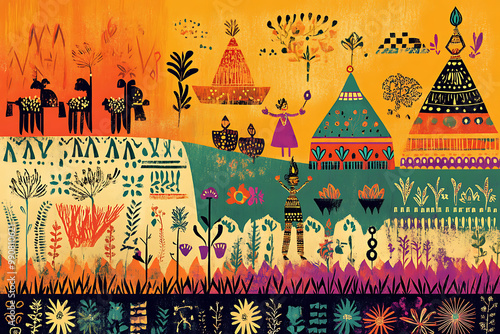 Charming Indian folk art background with traditional Warli paintings, colours, and cultural motifs