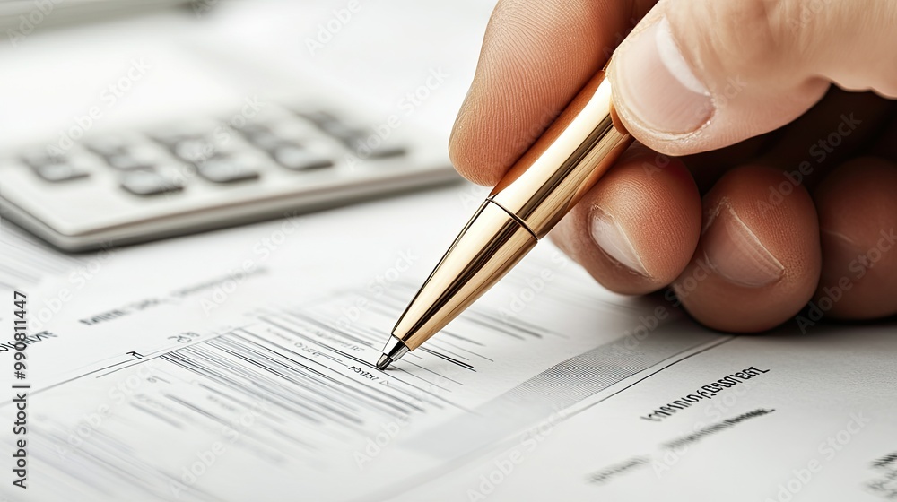 A hand holding a pen writes on a document, with a calculator in the background, highlighting a focus on finance or paperwork. A hand holding a pen writes on a document, with a calculator in the background, highlighting a focus on finance or paperwork.