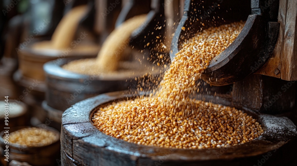 Grains pouring into wooden containers at a rural mill during the harvest season Grains pouring into wooden containers at a rural mill during the harvest season
