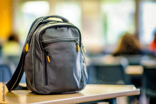 A sleek backpack rests on a table in a classroom setting, suggesting a focus on education and student life.