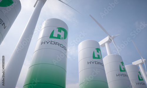 Green hydrogen tanks with wind turbines. Realistic 3D render.