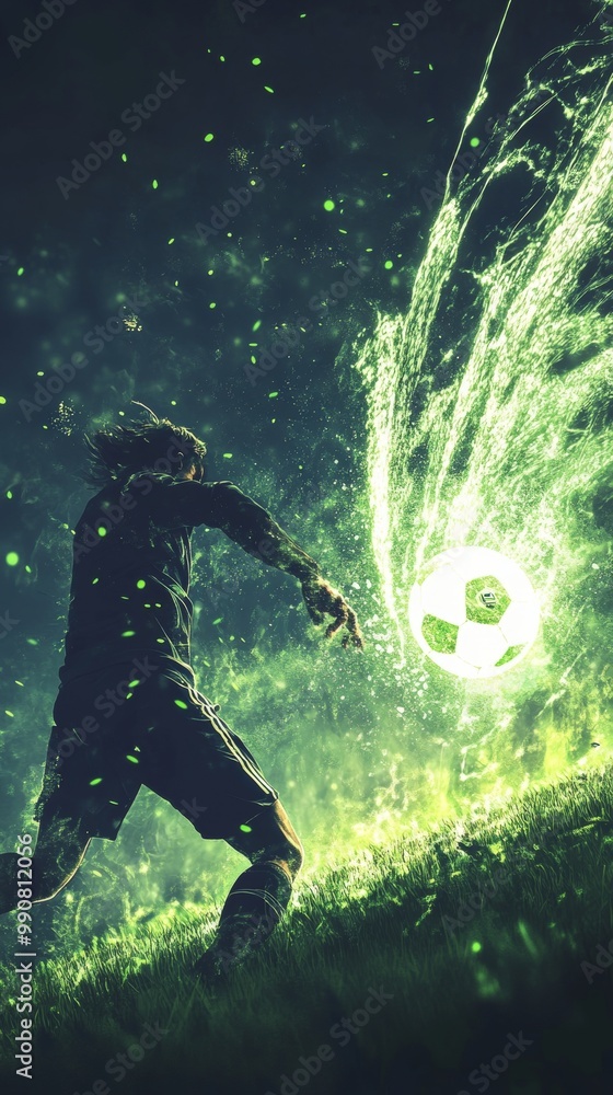 Fototapeta premium A soccer player is kicking a ball in the air