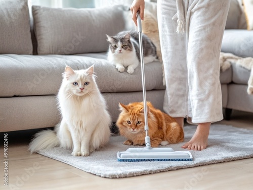 Person mopping floor with cats observing in living room. photo