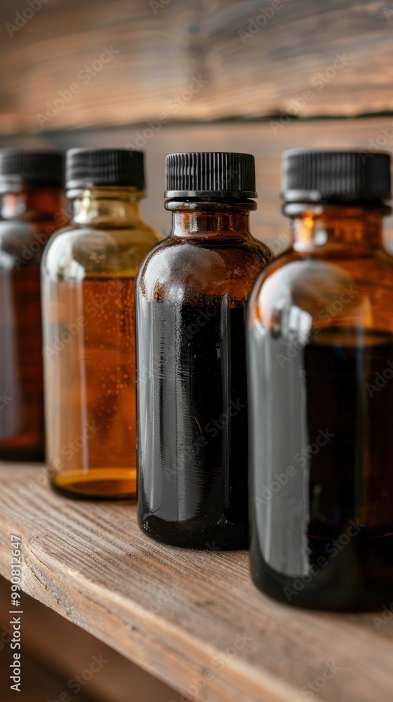Shelf with various bee product extracts in dark bottles. Shelf with various bee product extracts in dark bottles.