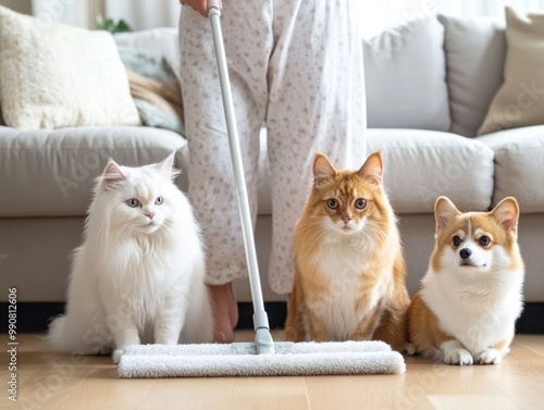 Person cleaning with mop and pets observing on floor. photo