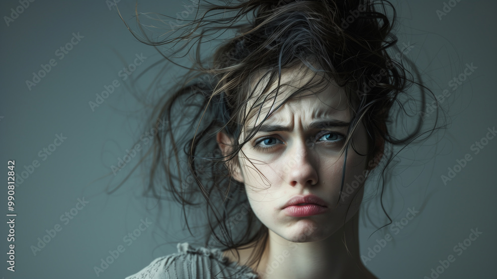Sad woman portrait with messy hair and moody look Sad woman portrait with messy hair and moody look