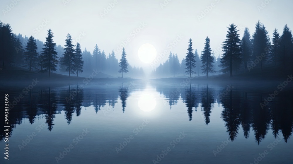 Fototapeta premium A serene landscape featuring misty trees and a calm lake reflecting the soft light of dawn.