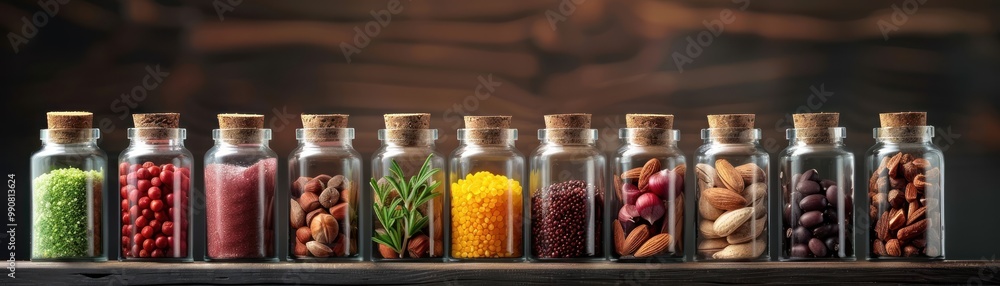 Shelf with various nut extracts in dark bottles.