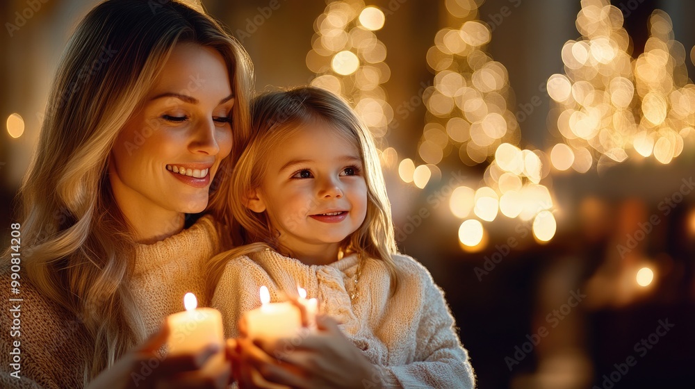 A joyful woman and her child hold candles, surrounded by warm lights and festive decorations, embodying a cozy holiday spirit. A joyful woman and her child hold candles, surrounded by warm lights and festive decorations, embodying a cozy holiday spirit.