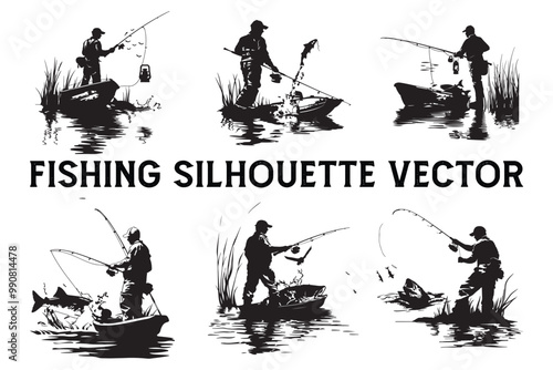 Fisherman and Rod Vector Silhouette Set, Outdoor Fishing Vector Silhouette Illustrations,