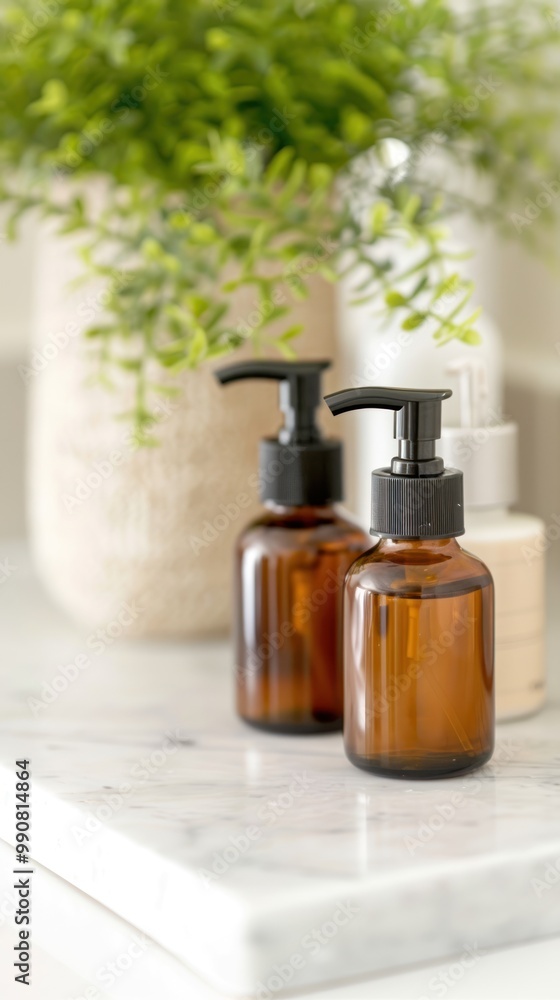Skincare products with botanical extracts on a vanity. Skincare products with botanical extracts on a vanity.