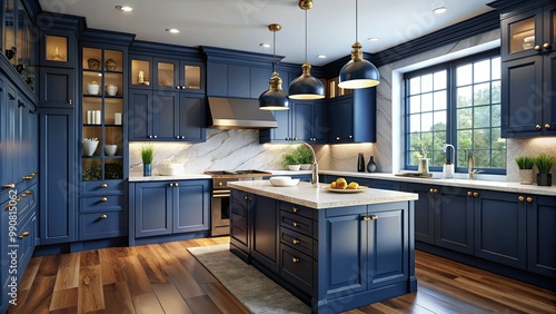 Sophisticated dark blue kitchen cabinets featuring sleek modern fixtures and chic decor create a striking contemporary atmosphere in this beautifully designed home setting.