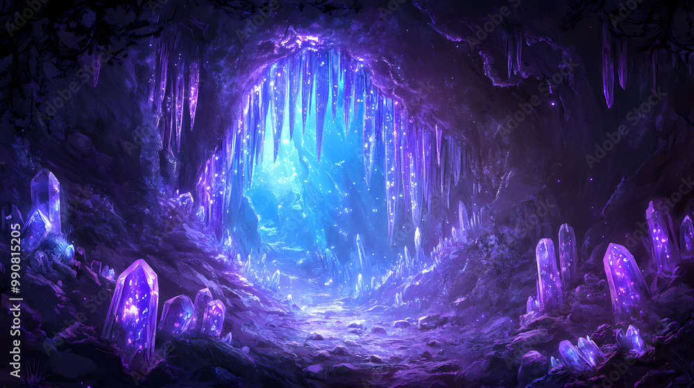 Illustration of a mystical cave entrance engulfed in glowing vines and shimmering crystals, leading into a fantastical underworld, with an aura of mystery and adventure. Cave of Crystals. Illustration Illustration of a mystical cave entrance engulfed in glowing vines and shimmering crystals, leading into a fantastical underworld, with an aura of mystery and adventure. Cave of Crystals. Illustration
