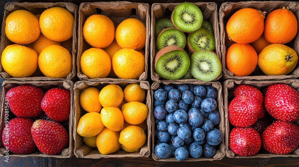 Fresh fruits displayed in colorful baskets at a local market during the afternoon hours Fresh fruits displayed in colorful baskets at a local market during the afternoon hours