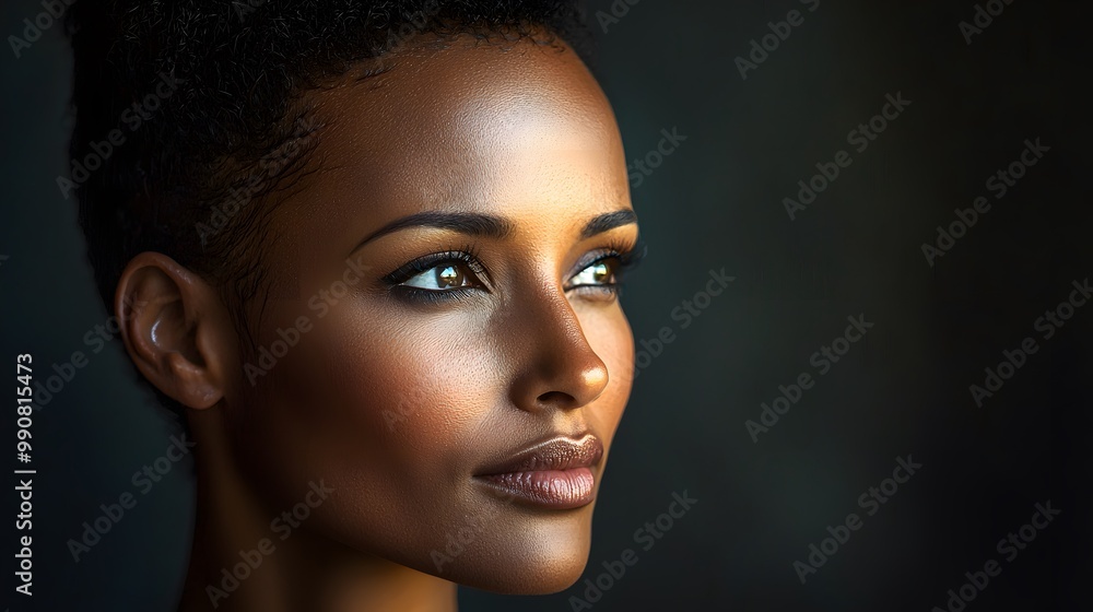 Fototapeta premium Profile of a beautiful young Black woman with striking features and a thoughtful expression.